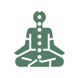 Yoga pose silhouette with chakra symbols.