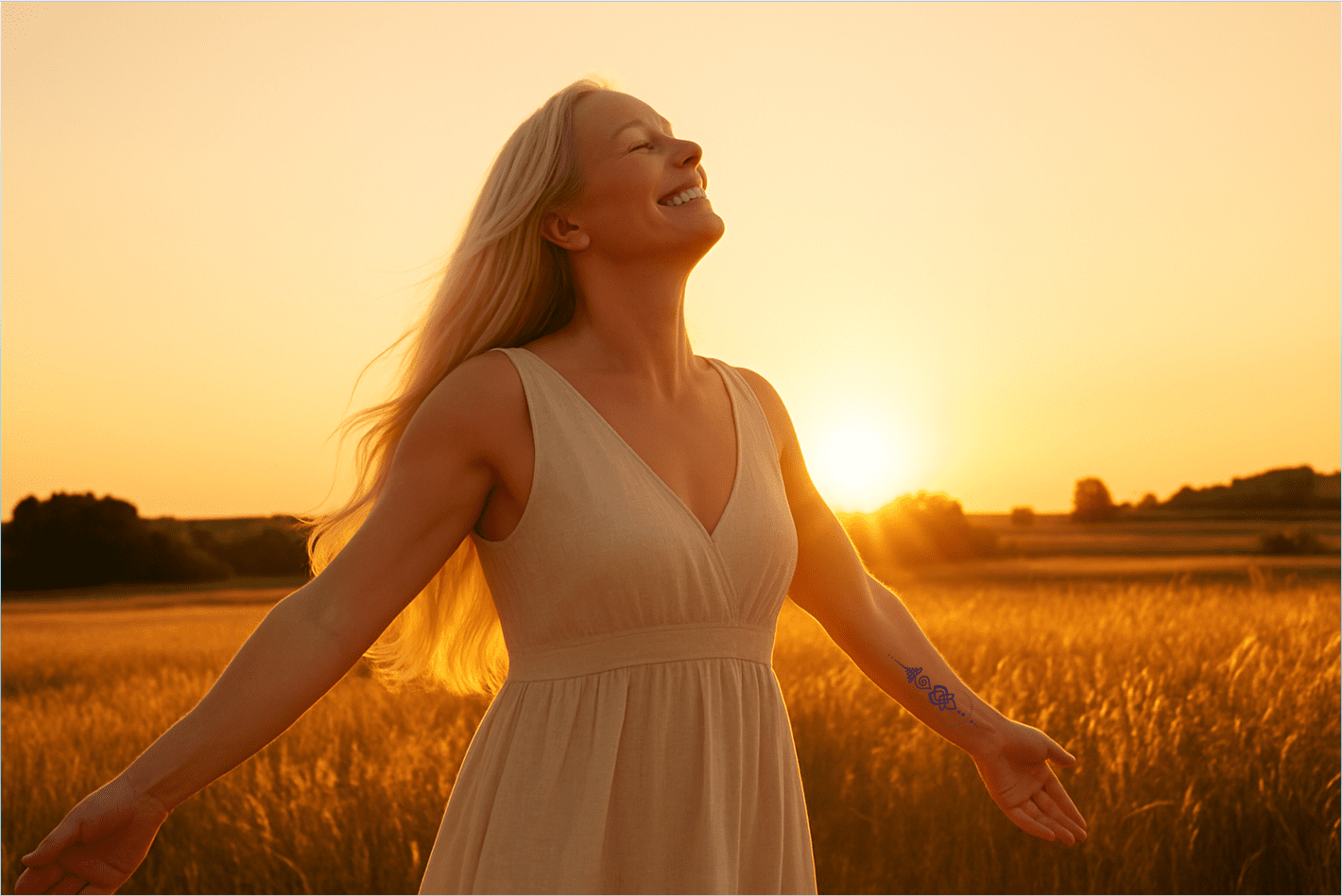 A woman joyfully embraces the sunset in a golden field.